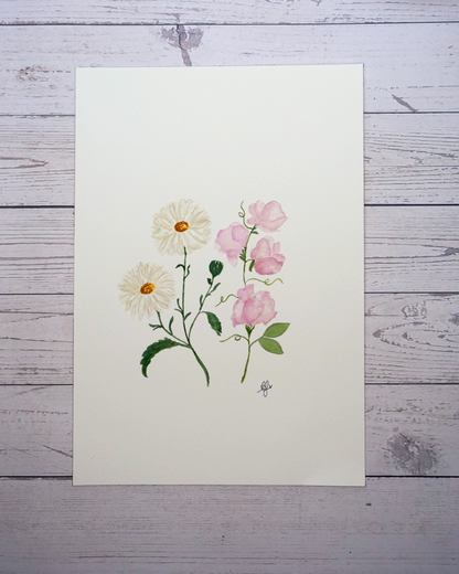 Birth flower month April painting of Daisies and Sweet Peas in watercolour by The Petal Cove, Lauren Fisher