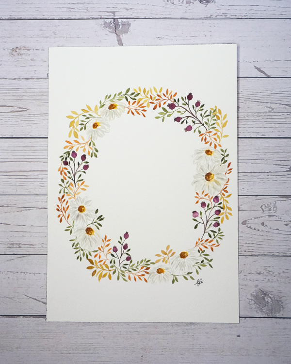 Autumnal Wreath watercolour painting including daisies, berries and leaves by The Petal Cove, Lauren Fisher