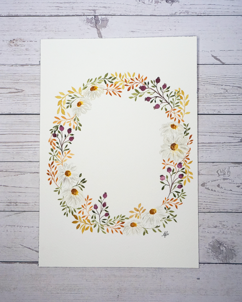 Autumnal Wreath watercolour painting including daisies, berries and leaves by The Petal Cove, Lauren Fisher