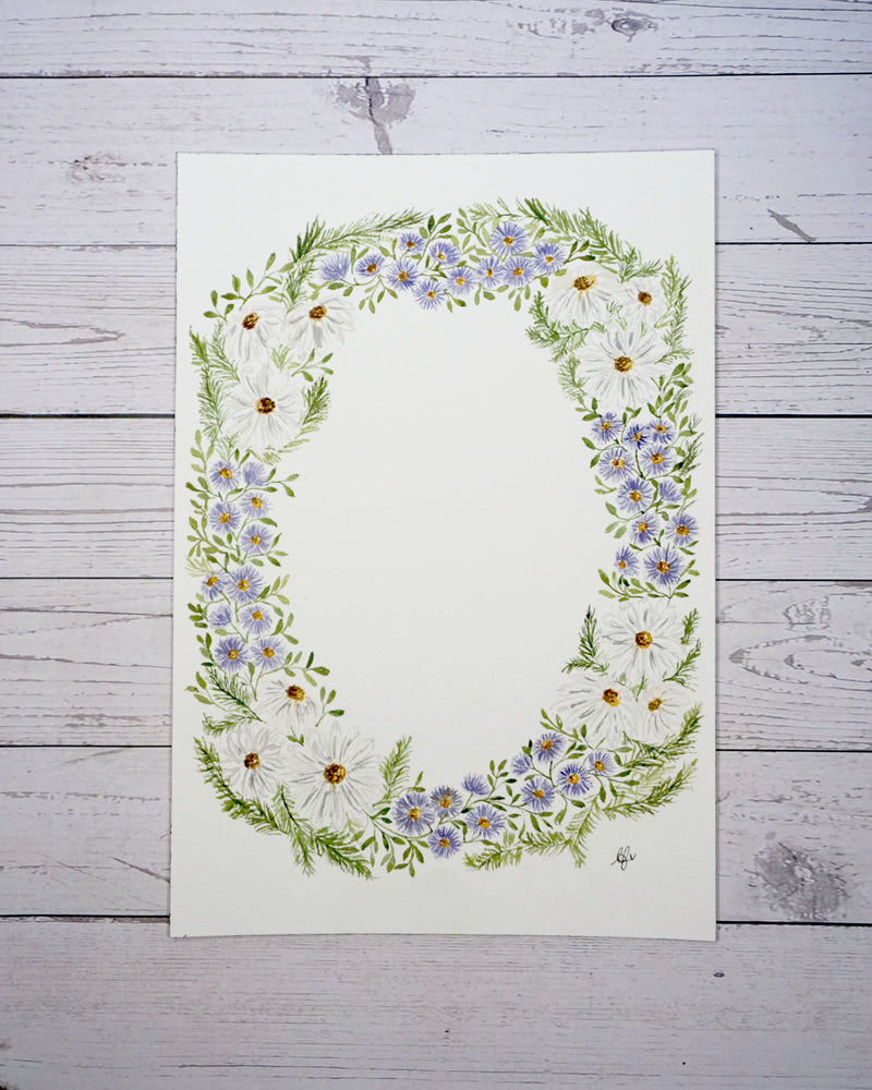 Daisy Bellis perennis, and Aster  astrum, wreath watercolour painting by The Petal Cove, Lauren Fisher