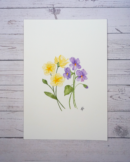 Birth flower month February painting Primrose and Violet in watercolour by The Petal Cove, Lauren Fisher