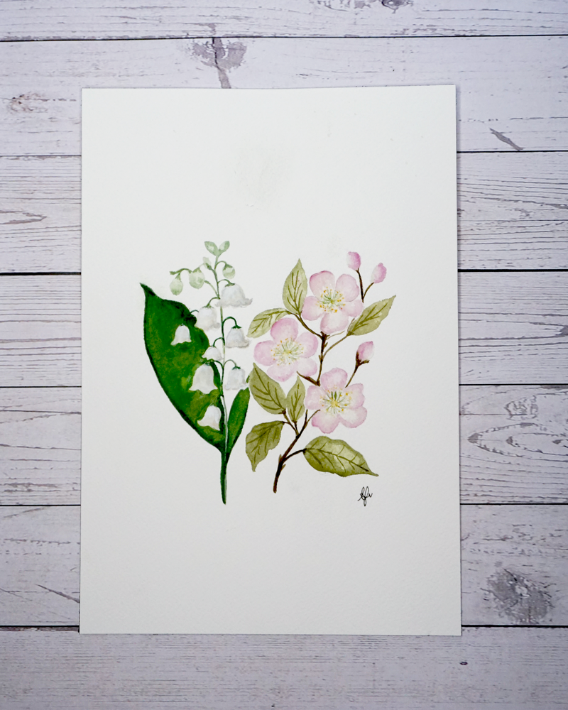 Birth flower month May painting Lily of the Valley and Hawthorn in watercolour by The Petal Cove, Lauren Fisher
