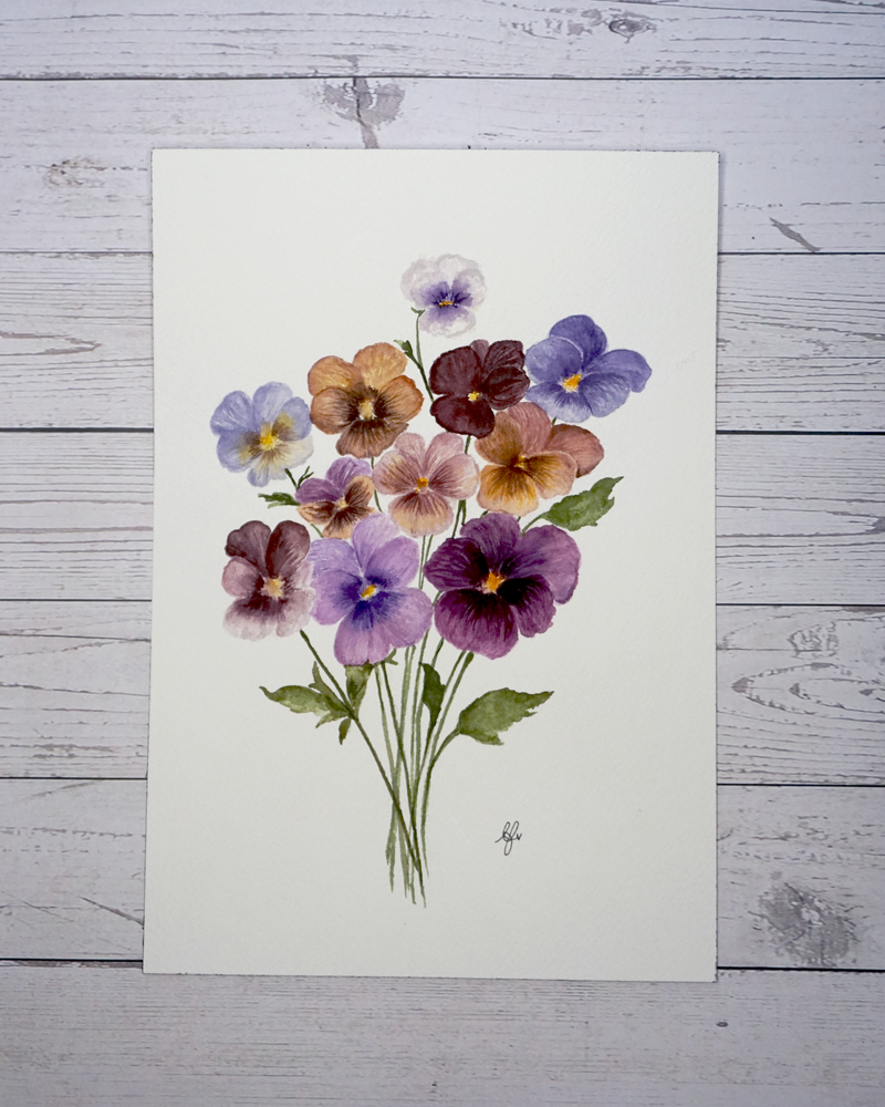 Pansy Bouquet Viola Wittrockiana Watercolour Painting by The Petal Cove, Lauren Fisher